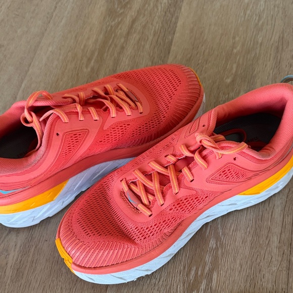 Hoka Women's Coral and Yellow Running Shoes - Picture 2 of 6
